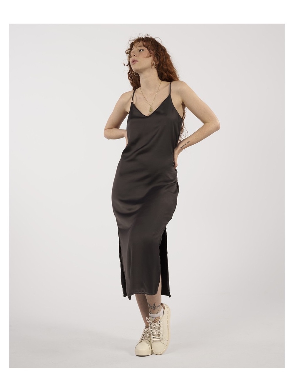 Jack & Jones JJXX Satin Slip Midi Dress in Black Grunge Gothcore